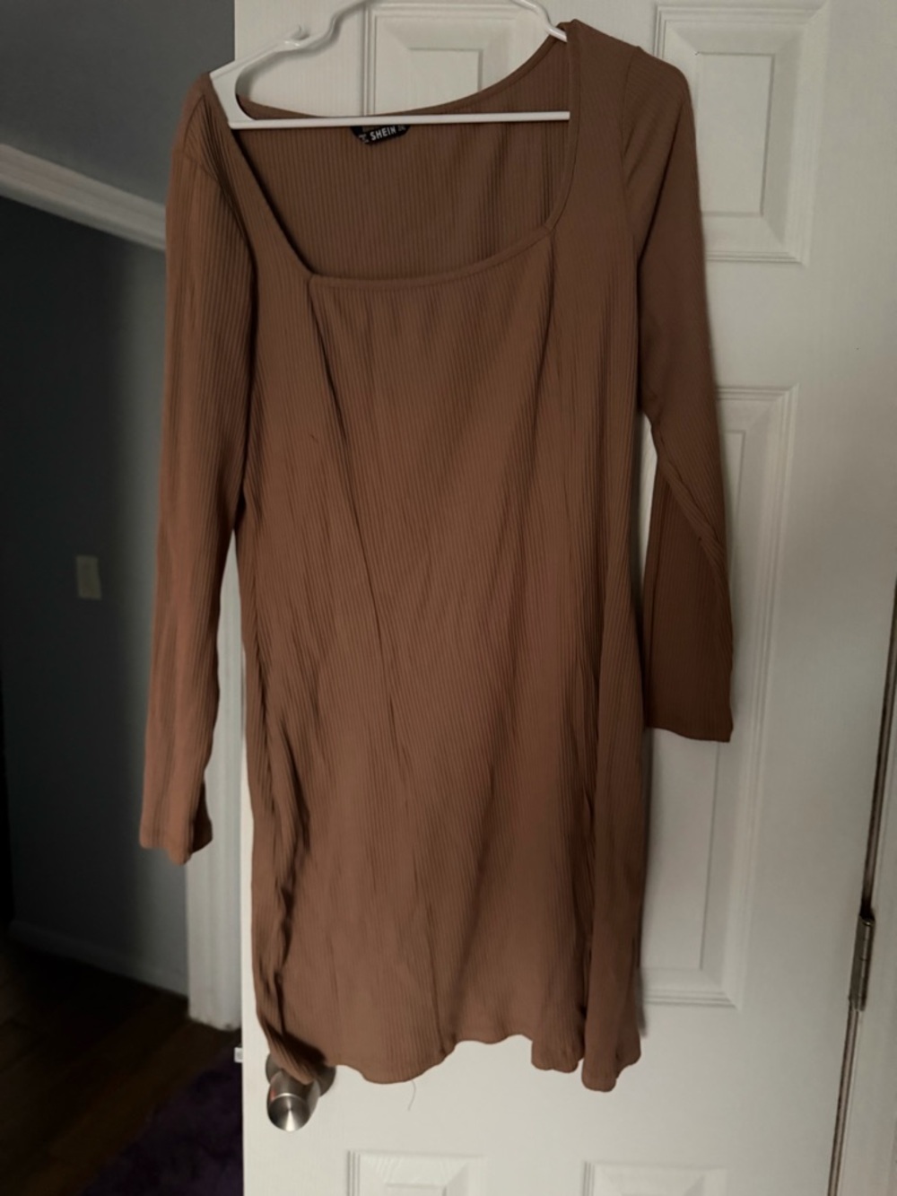 SHEIN Ribbed Long Sleeve Square Neck Dress in Tan